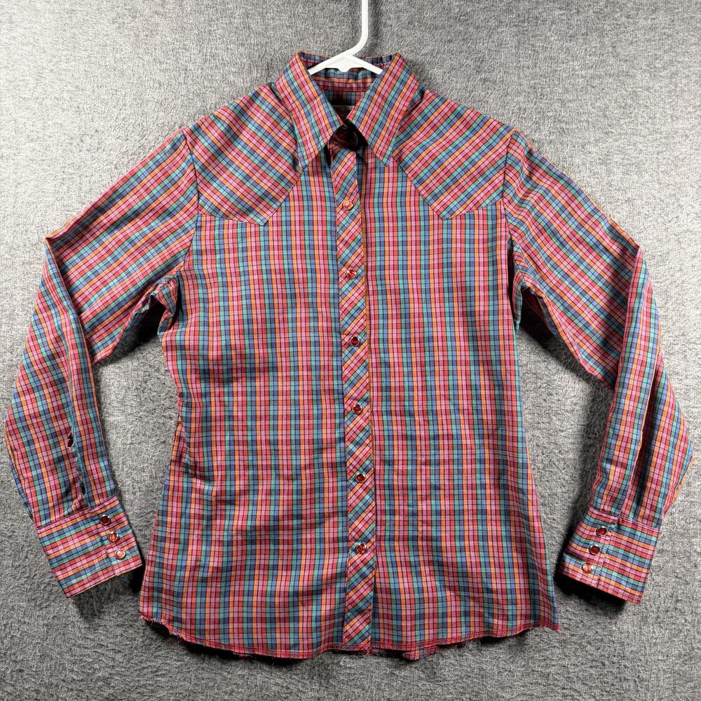 Vintage Wrangler Shirt Womens 34 Multicolor Plaid Western Button Up USA Cowboy